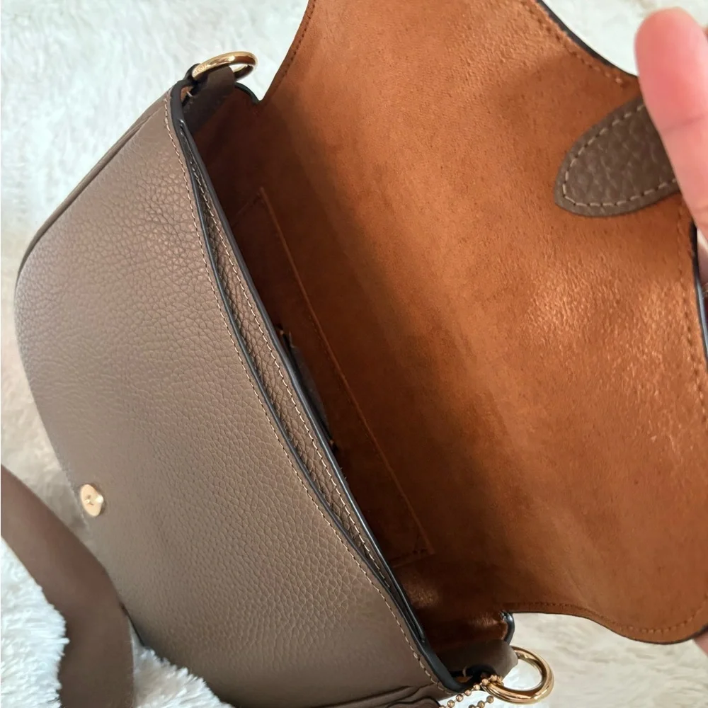 Coach Taupe Pebbled Leather Flap Crossbody with Gold Hardware